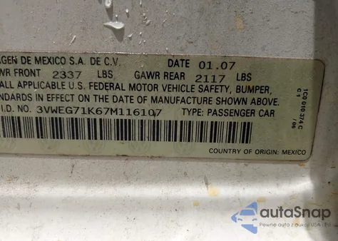 2007 Volkswagen Jetta Wolfsburg Edition из США, поврежденный, VIN 3VWEG71K67M116107